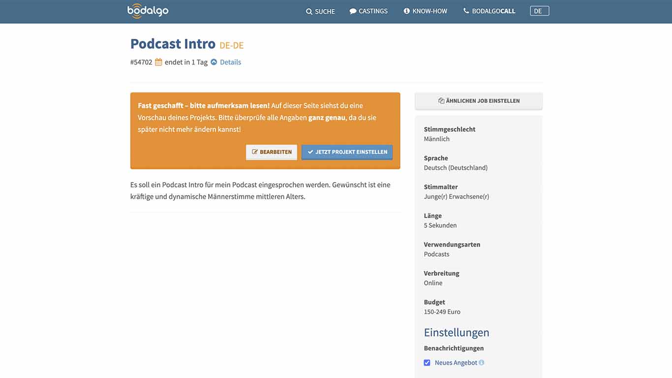 Screenshot bodalgo.com Casting veröffentlichen