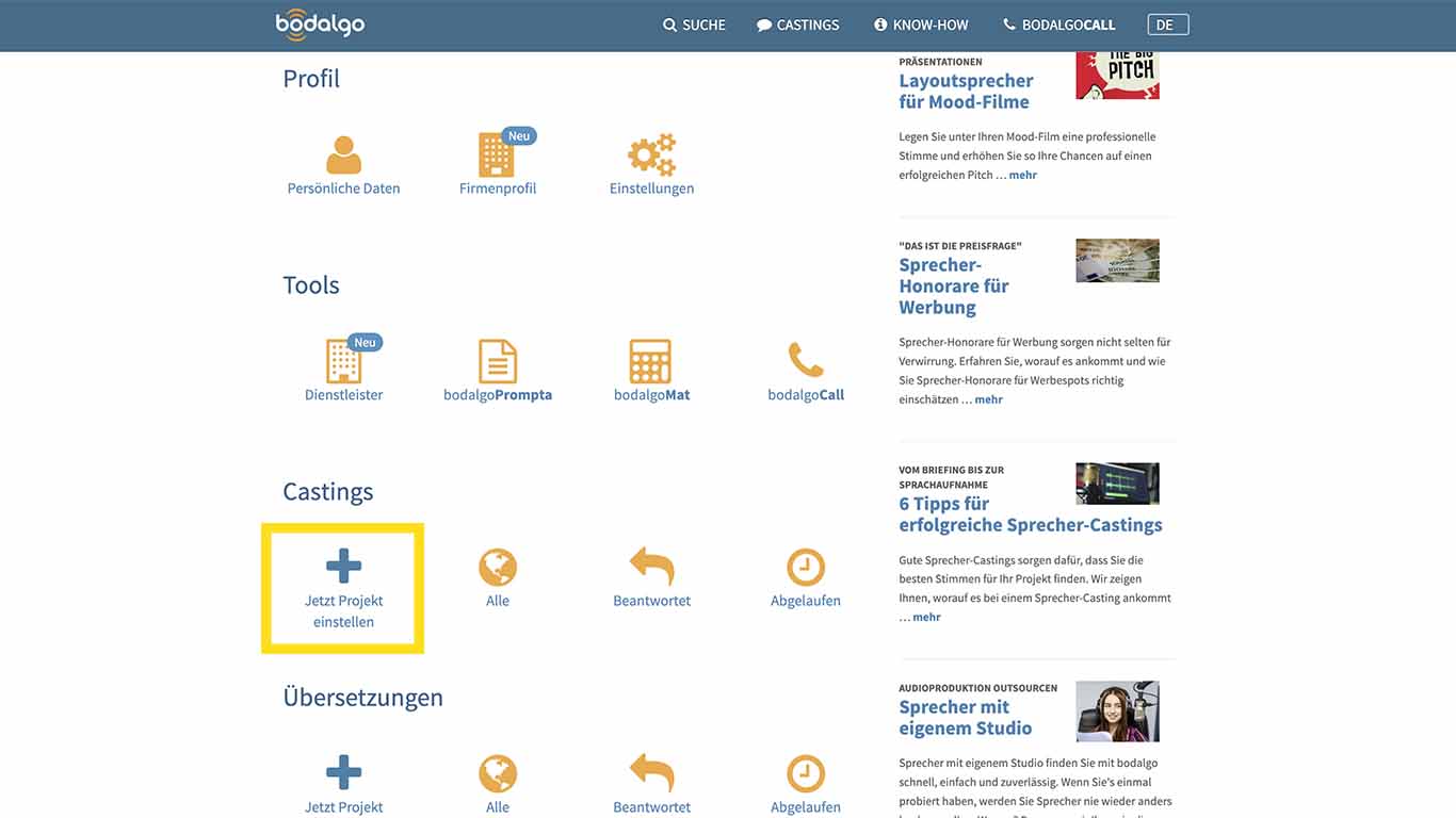 Screenshot bodalgo.com Casting im Dashboard anlegen