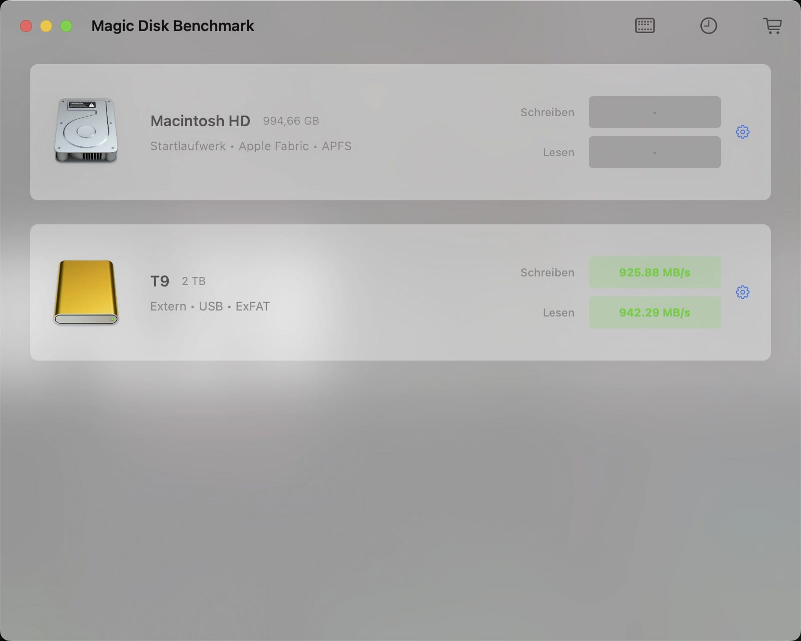 Screenshot Testergebnis maximal gemessene Lesegeschwindigkeit Samsung PSSD T9 in der App Magic Disk Benchmark