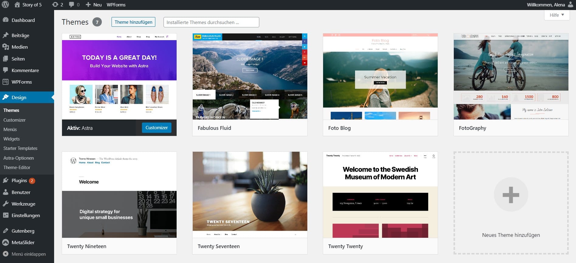 Screenshot: Wordpress und Themes. 